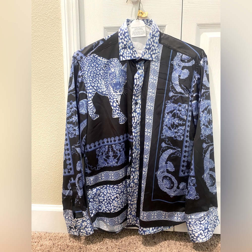Mens satin silky dress button down shirt blue black sz  M